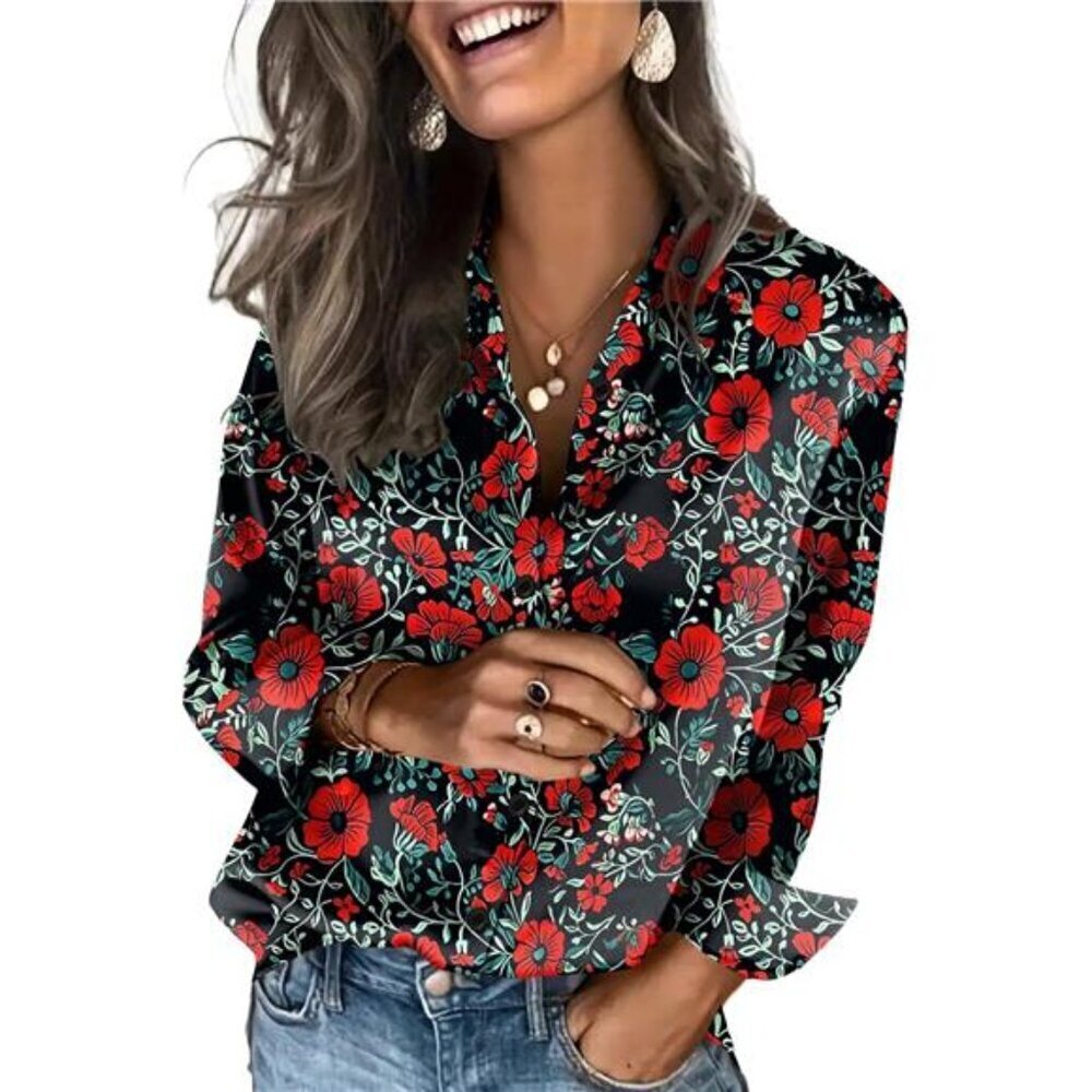 Satin Blouses Floral Black Silk Button Down Shirts Long Sleeve Business
